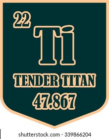 Tender titan text on shield sticker. Image relative for gym and bodybuilding. Remastered titan chemical element tag. Chemistry in metaphor design. Speech bubble design.