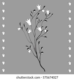 Tender tree branch with white flowers  on a gray background, pattern. Freehand drawing flowers. elements for greeting cards,invitations,wedding, menu,web design, textiles, clothes, scrap booking 
