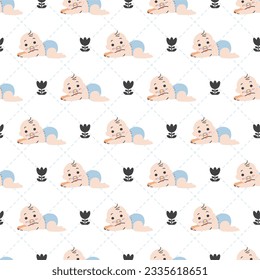 Tender Tulip Bloom and Crawl Babies Vector Pattern can be use for background decoration and apparel design