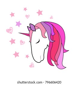 Tender unicorn on white background, vector illustration, patch, card, sticker, cover, embroidery
