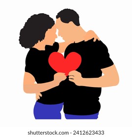 
A tender Valentine's Day illustration portraying a couple embracing while holding a vivid red heart against a pristine white background. This charming EPS file beautifully captures the essence of lov