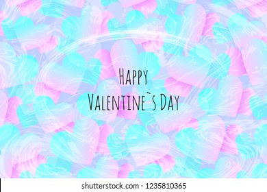 Tender vector card with chaotic light pink and blue caramel hearts and elliptic frame made by brush stroke. Text Happy Valentines Day.