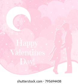 Tender vector card for Valentines Day with couple in love among pink clouds and snowfall.