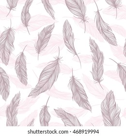 Tender Vector Feather Pattern | Seamless sketch boho style texture with elegant pink and lilac feathers on white background