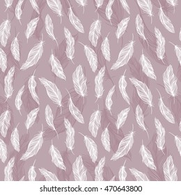 Tender Vector Feather Pattern | Seamless sketch boho style texture with elegant pink and lilac feathers on white background