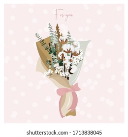 Tender vector flat illustration with a bouquet of flowers. Summer bouquet with spikelets, cotton and eucalyptus. Bouquet for women on International Women's Day and Mother's Day.