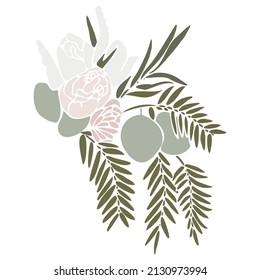 Tender vector flat illustration with a bouquet of flowers. Spring bouquet with eucalyptus. Bouquet for women on International Women's Day, Wedding and Mother's Day. Flower arrangement for decoration.