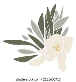 Tender vector flat illustration with a bouquet of flowers. Spring bouquet with eucalyptus. Bouquet for women on International Women's Day, Wedding and Mother's Day. Flower arrangement for decoration.