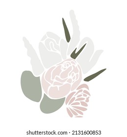 Tender vector flat illustration with a bouquet of flowers. Spring bouquet with eucalyptus. Bouquet for women on International Women's Day, Wedding and Mother's Day. Flower arrangement for decoration.