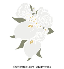 Tender vector flat illustration with a bouquet of flowers. Spring bouquet with calla lily plant and eucalyptus. Bouquet for women on International Women's Day, Wedding and Mother's Day.