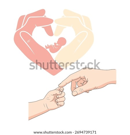 Tender vector of parent and baby hands symbolizing love, care, and protection. Heart-shaped hands with fetus and touching fingers concept on white background.