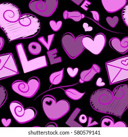 Tender vector pattern with hearts, flower and love text. Abstract seamless love pattern in purple, violet colors on a black. Valentines day cute romantic girlish repeated backdrop for fashion clothes.