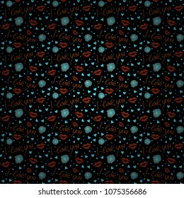 Tender vector seamless pattern with hearts, rose flower and love text in blue, brown and black colors. Cute romantic girlish repeated backdrop for fashion clothes, wrapping paper.