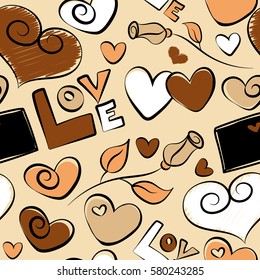 Tender vector seamless pattern with hearts, rose flower and love text in white, yellow and beige colors. Cute romantic girlish repeated backdrop for fashion clothes, wrapping paper.