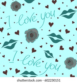 Tender vector seamless pattern with hearts, flower and love text on a neutral background. Cute romantic girlish repeated backdrop for fashion clothes, wrapping paper.