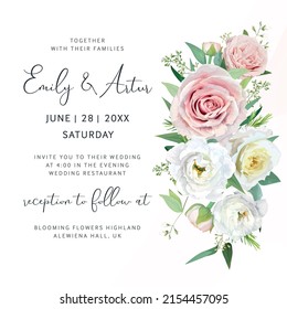 Tender vector wedding invite save the date card. Watercolor muted pink, light yellow garden rose flowers, eustoma, ranunculus, seeded eucalyptus, greenery leaves bouquet. Elegant editable illustration