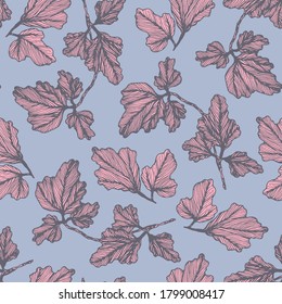 Tender violet floral seamless pattern with pink hand drawn textured columbine leaves. Delicate aquilegia leaf botanical texture for textile design, wrapping paper, surface, wallpaper, background