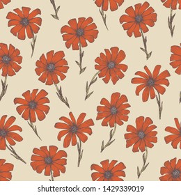Tender warm seamless pattern with red and orange chamomile flowers. Retro hand drawn illustration of beautiful terra-cotta gerbera flower, texture for textile, wrapping paper, surface, background