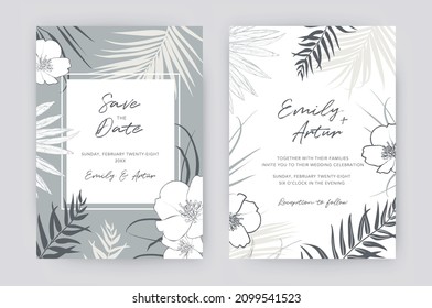 Invitación a la boda de la oferta, guardar el diseño de la tarjeta de fecha en color gris. Hojas de palmera tropicales dibujadas a mano, marco de patrón de siluetas de flores camélias, borde. Diseño elegante y moderno. Conjunto de plantillas con estilo