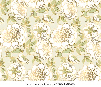 Tender white peony flower seamless pattern. Luxury spring floral endless repeatable motif for wallpaper, wedding invitation, fabric, surface design. stock vector illustration

