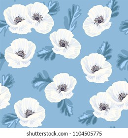 Tender white vector anemones and blue leaves on the blue background seamless pattern 