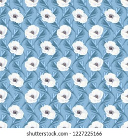 Tender white vector anemones and blue leaves on the blue background seamless pattern 