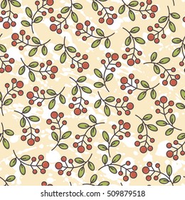 Tender winter twigs with red berries seamless pattern.  All objects are conveniently grouped  and are easily editable.
