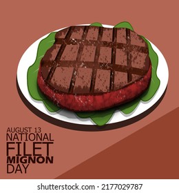 Carne de solomillo, uno de los cortes de carne más valiosos, llamado Filet Mignon beef con texto en negrita sobre fondo marrón, Día Nacional del Filete Mignon 13 de agosto