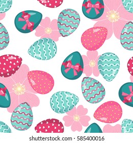 Tenderness Easter seamless pattern with colored eggs and flowers in flat style. Spring easter pattern for greeting cards, background, fabrics, textile, wallpapers