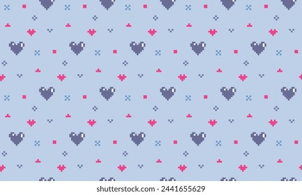 Tenderness easy Pixel hearts ornament for Valentine's Day. Pixel hearts seamless pattern on purple background.