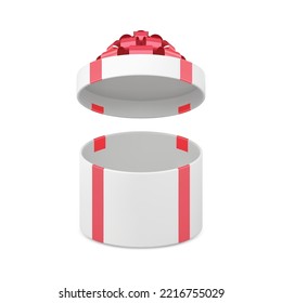 Tenderness glossy realistic white wrapped circled gift box with open cap present unpacking vector illustration. Luxury surprise congrats for holiday, anniversary, wedding, birthday, Christmas, Xmas