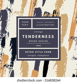 Tenderness rich gold Vintage modern logo in frame on hand drawn background. Retro label package template