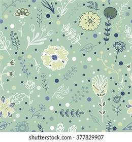 Tenderness, softness, freshness. Seamless pattern with cute decorative flowers, leaves and herbs  painted by hand. All elements are  hidden under mask. Pattern are not cropped and can be edited.