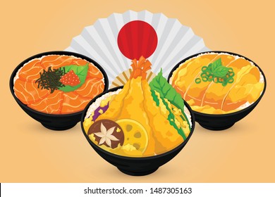 Tendon Katsudon and Salmon Ikura Don on Japanese Blow Illustration Vector.