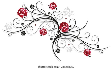 Tendril with red roses, colorful summer flowers