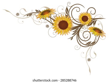 Tendril with sunflowers, colorful summer flowers