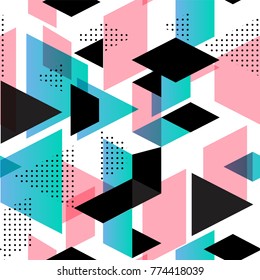 Tendy ilustraciones de fondo, patrón sin fisuras con formas abstractas, estilo geométrico memphis 80. Arte retro para portadas, pancartas, volantes y afiches.