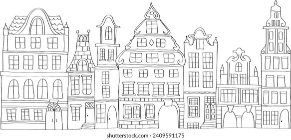 
Tenement houses. Old, historical houses around the town market. Simple line design. Black and white. No background