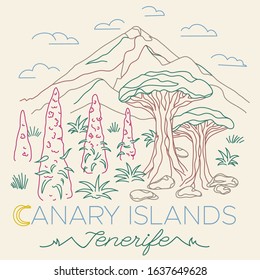 Tenerife, Canary Islands, Spain. Mountains landscape with Vulcano Teide, drago trees and Tajinaste flowers. Illustration with multicolored editable stroke in retro style