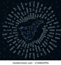 Tenerife digital map. Binary rays radiating around glowing island. Internet connections and data exchange design. Vector illutration.