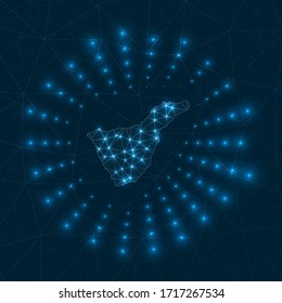 Tenerife digital map with glowing rays radiating from the island, depicting network connections and telecommunication design. Vector illustration.