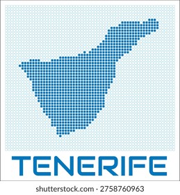 Tenerife digital style map with blue rounded rectangle dots. Spain. Dotted shape of the island. Tenerife blue colored map and title on white background. Amazing Vector Illustration.