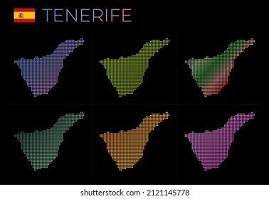 Mapa de puntos de Tenerife. Mapa de Tenerife de estilo punteado. Las fronteras de la isla están llenas de hermosos círculos de gradientes lisos. Ilustración vectorial radiante.