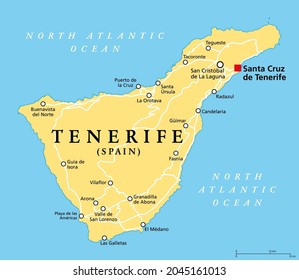 Tenerife island, political map, with capital Santa Cruz de Tenerife. Largest and most populous island of Canary Islands, an archipelago and autonomous community of Spain, in the North Atlantic Ocean.