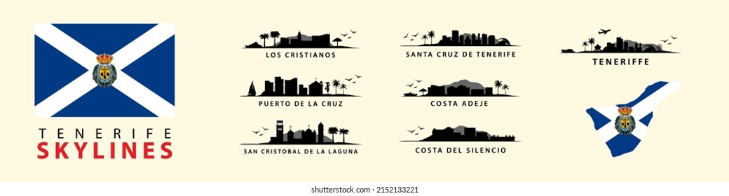 Tenerife Island Skylines, Silhouettes Of Santa Cruz, Costa Adeje, Costa Del Silencio, San Cristobal, Puerto De La Cruz. Spanish Tropical Travel Destinations. Collection Of Exotic Landscapes.