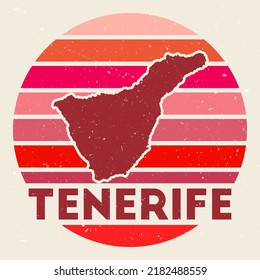 Tenerife logo. Sign with the map of island and colored stripes, vector illustration. Can be used as insignia, logotype, label, sticker or badge of the Tenerife.