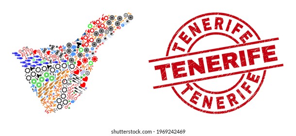 Tenerife map collage and grunge Tenerife red round stamp seal. Tenerife seal uses vector lines and arcs. Tenerife map collage contains markers, homes, lamps, bugs, wine glasses, and more icons.