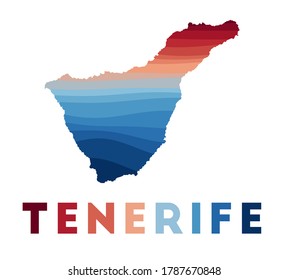 Tenerife map. Map of the island with beautiful geometric waves in red and blue colors. Vivid Tenerife shape. Vector illustration.