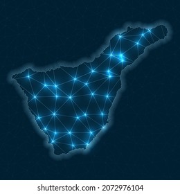 Tenerife network map. Abstract geometric map of the island. Digital connections and telecommunication design. Glowing internet network. Cool vector illustration.