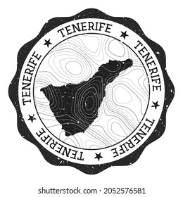 Tenerife outdoor stamp. Round sticker with map of island with topographic isolines. Vector illustration. Can be used as insignia, logotype, label, sticker or badge of the Tenerife.